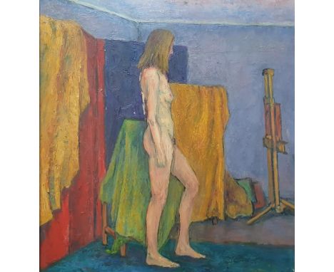 L M R Favell palette knife oil on board, "Standing male nude in studio", signed verso, plain wood frame,The painting measures