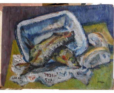 Superb E Morgan 1960s modernist still-life oil on panel, "Fish & chips!", signed, unframed,36 x 47 cm 