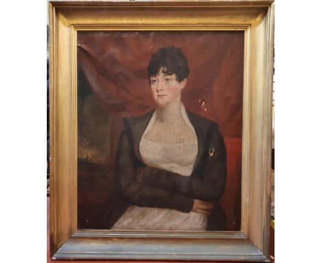 Large oil on canvas, portrait of Georgian society lady, circa 1800 in original, deep recessed frame, The portrait measures 90