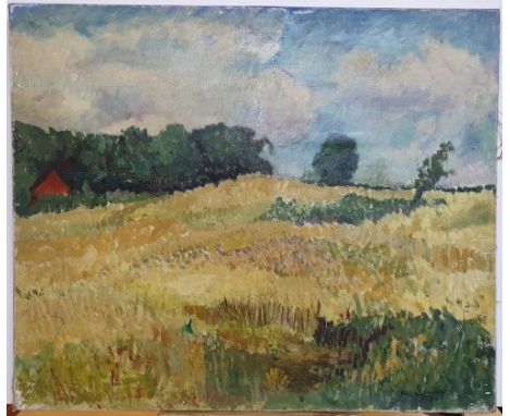 Noel R. BRANNAN (1921-2001) 1951 oil on canvas, "The Wheatfield", signed and dated, unframed,51 x 61 cm 
