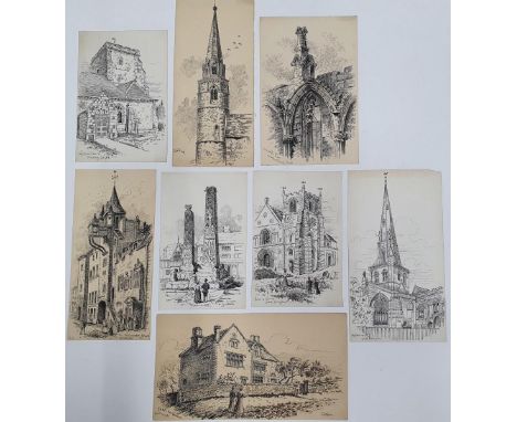 8 Alfred Bowyer Clayton (1795-1855) 1830s pen & ink "English architectural studies", each drawing inscribed with the place, a