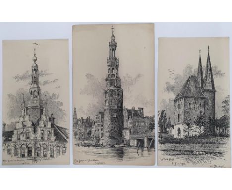 3 Alfred Bowyer Clayton (1795-1855) 1830s pen & ink "Dutch architectural studies", each drawing inscribed with the place, all