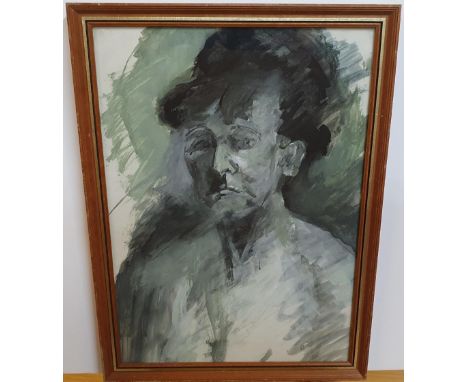 Unsigned watercolour portrait of a topless lady, wood frame,The portrait measures 43 x 31 cm 