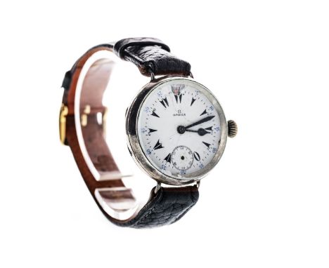 GENTLEMAN'S OMEGA SILVER CASED MANUAL WIND TRENCH WATCH, the round white dial with Turkish markers, outer seconds track in bl