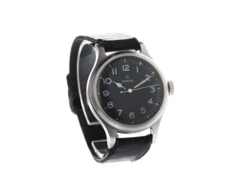 GENTLEMAN'S OMEGA RAF PILOT STAINLESS STEEL MANUAL WIND WRIST WATCH, the round black dial with white Arabic and lume dot hour