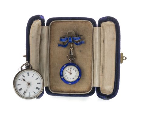 LADY'S ENAMEL FOB WATCH, the round white dial with black Arabic hour markers, outer seconds track in black, blue enamel case,