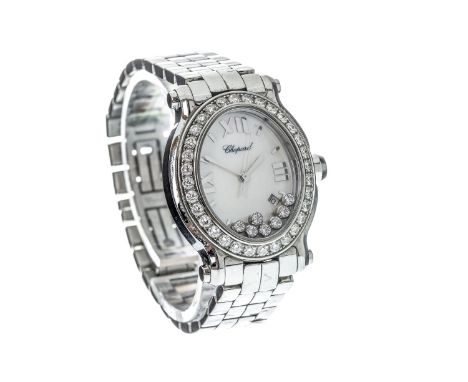 LADY'S CHOPARD HAPPY SPORT STAINLESS STEEL QUARTZ WRIST WATCH, the oval mother of pearl dial with applied silver coloured bat