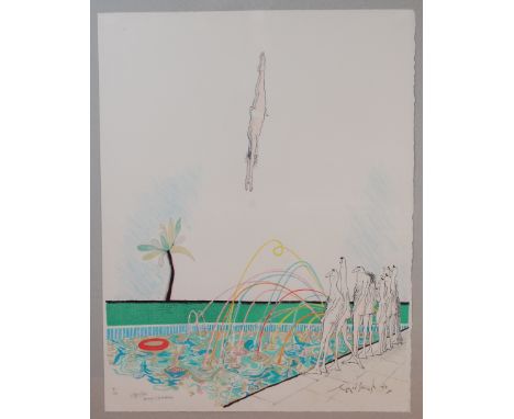 Ronald Searle (1920-2011) - A bigger splash (after David Hockney), lithograph printed in colours on wove, signed, dated and t