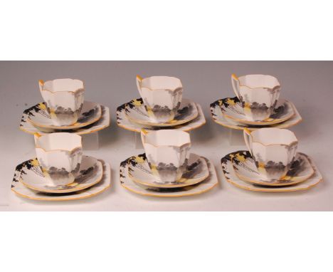 A set of six 1930s Shelley porcelain Tall Trees & Sunset pattern tea trios, each comprising teacup, saucer, and cake plate, g