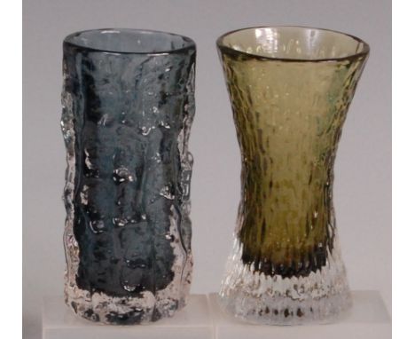 A Whitefriars glass 'bark' vase by Geoffrey Baxter, pewter colour, designed 1967, h. 14.8cm; together with a tinted 1960s Whi