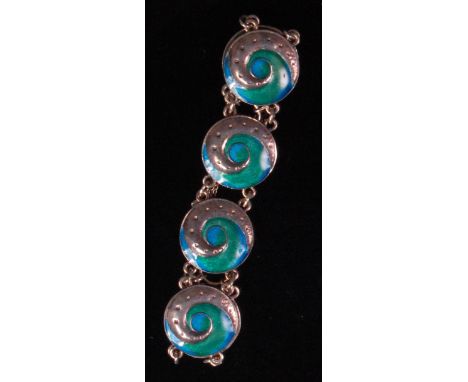 A contemporary Liberty & Co silver and enamel bracelet, in the manner of Archibald Knox, having six circular stylised links, 