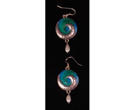 A pair of contemporary Liberty & Co silver and enamel earrings, in the manner of Archibald Knox, each of circular stylised fo