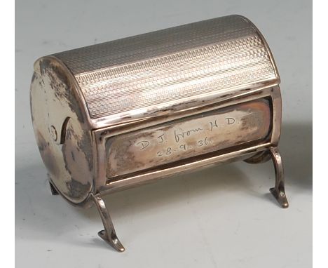 * An early 20th century silver table sugar barrel, having a hinged engine turned cover and later engraved 'D.J. from H.D 28.9