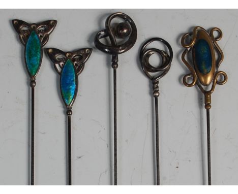 A pair of Art Nouveau silver and enamel inset hat pins, by Charles Horner, each having butterfly form terminals, Chester 1907