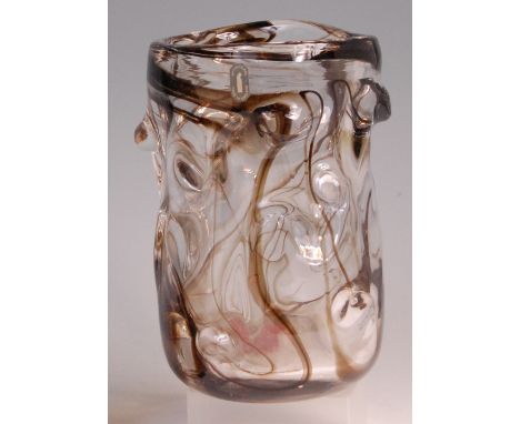 A Whitefriars heavy moulded glass vase, having cased trailing decoration, with octagonal 'Whitefriars Made in England' label,
