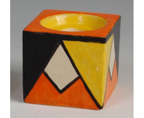 A Clarice Cliff Original Bizarre pattern pottery candlestick, of cube form, bright colour painted, with black printed backsta