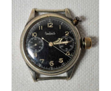 A rare Gentleman's German Military Hanhart Luftwaffe Pilots nickel cased Wrist Watch, single button chronograph, black dial s