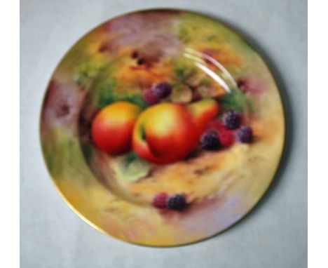 A Royal Worcester hand painted Cabinet plate, decorated with fruit against a naturalistic ground, signed H. Ayrton, pink fact