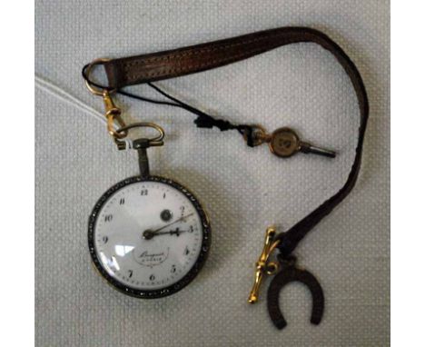 A yellow metal open faced Pocket Watch with fusee movement by Breguet - Paris, the case back enamelled with a maiden surround