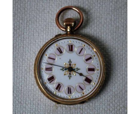 A Ladies continental open face 18ct gold cased Fob Watch, white dial with mauve Roman numerals, case stamped 18K, manual wind