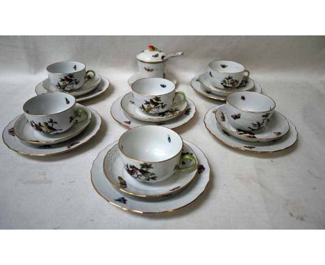 A Herend porcelain twenty piece Tea Service, decorated with birds and insects, consisting of six cups, six saucers, six tea p