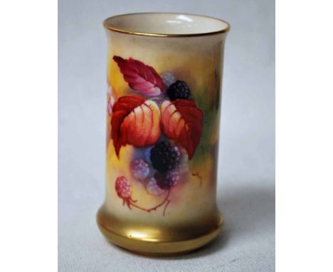 A Royal Worcester hand painted Vase of cylindrical form, decorated with fruit and leaves, signed K. Blake, puce factory mark 