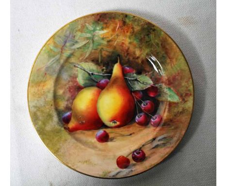 A Royal Worcester hand painted Cabinet Plate, decorated with fruit against a naturalistic ground, signed W.H. Austin, puce fa