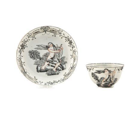 Depicting angel holding harp, saucer is 12 cm. in diameter, chip and hairline.