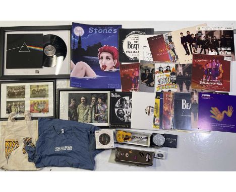 Interesting mixed selection of music memorabilia to include: two framed and glazed proof prints with Beatles images, 20 x 12x