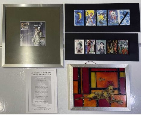 Collection of Bowie memorabilia to inc: large framed 'Bowie at the Beeb' display, a framed, stained glass display with Bowie 