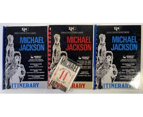 Three Michael Jackson itineraries, two for the 1988 UK tour dates and one specific to the Wembley and Cardiff concerts. Also 