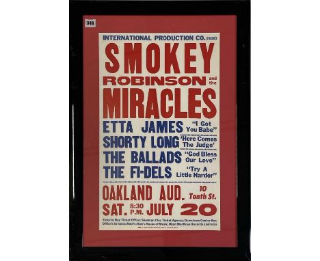  An original boxing-style US poster advertising a Smokey Robinson and the Miracles concert at the Oakland Auditorium, July 20