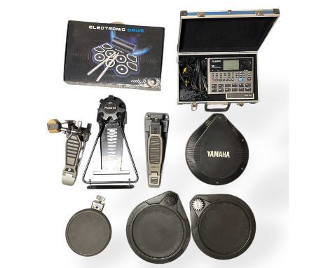 A collection of electric drum parts and spares to include an Alesis SR18 drum machine effects unit, a Roland KD-8 kick trigge