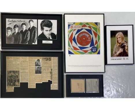 To include: framed original Fan Club membership card, Linda McCartney MPL promo photo, compilation of c 1962 press cuttings f