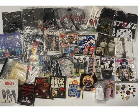 Good mixed selection of music memorabilia to inc: approx six t-shirts, approx 16 c 1990s pin badges inc Iron Maiden, AC/DC, R