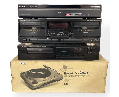 A collection of hifi equipment to include a Rotel RCD-965BX CD player, an Aiwa AD-WX929 cassette deck, a Numark TTUSB turntab