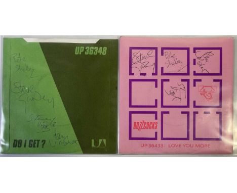 Two signed Buzzcocks 7" singles. To inc: What Do I Get (UP36348) signed to reverse by Pete Shelley, Steve Garvey, Steve Diggl