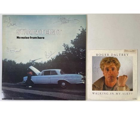 A Roger Daltrey 7" single signed to cover in biro by Roger Daltrey, a 'Straight Eight' LP signed to cover by band members and