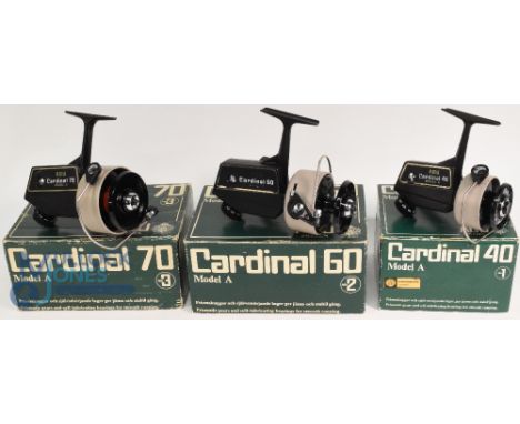 ABU Cardinal fixed spool reels (3) to incl' Cardinal 60 model A LHW foot stamped 790200, a Cardinal 40 Model A LHW foot stamp