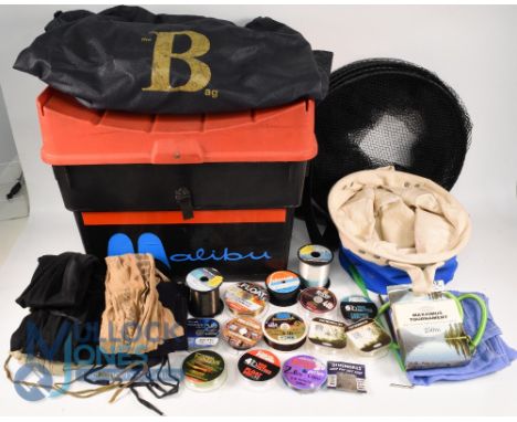 Fishing Accessories - A Malibu Seat/Box with strap, a Bulaggi keep net in original bag, four rod bags - one Shakespeare and t