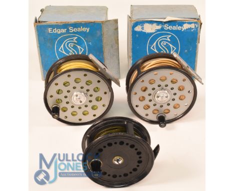 A collection of 3 fly reels, as follows: 2x Edgar Sealey Redditch Twinfish alloy salmon reels, 4" wide ventilated spools, 2 s
