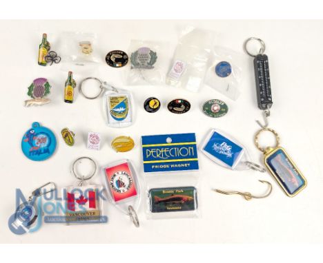 Collection of Metal and Enamel Fishing Themed badges keyrings, to include competition, national badges, and a few might be to