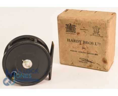 Hardy Bros "The Uniqua" alloy salmon fly reel 4" wide spool, 2 screw latch, black handle, full ribbed brass foot, very strong