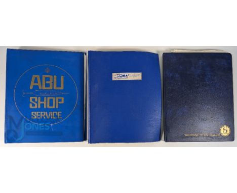 3x c1980 Fishing Shop Trade Catalogues, 3 ring binders to include an ABU shop service manual dated 1982, Sunridge trade manua
