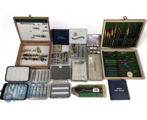 Fishing Tackle Lot, to include a wooden box of floats, Berkley line stripper and hook sharpener, tins and boxes of flies, 2 R