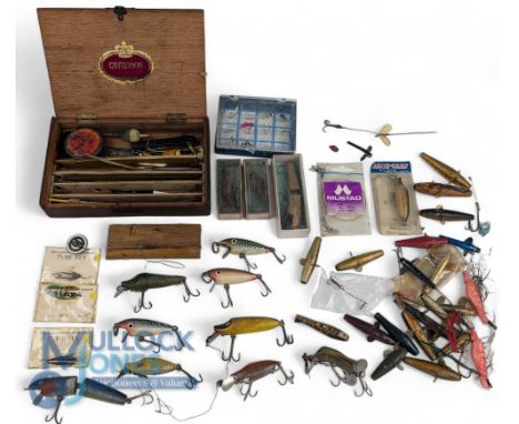 Vintage Fishing Tackle, of Plugs Minnows, trout flies, porcupine quill floats, enamel fishing club badge with assorted makers