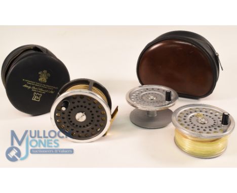 Hardy Bros Marquis Salmon No 3 alloy salmon fly reel with 2 spare spools, 4 1/8" ventilated wide spool, 2 screw latch, black 