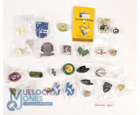 Collection of Metal and Enamel Fishing Themed badges, to include competition, national badges, and a few might be tourist bad