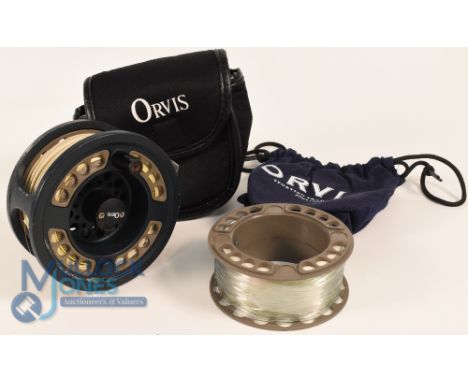 Orvis USA Rocky Mountain large arbor IV alloy cassette salmon fly reel with spare spool, 4" wide ventilated spool, 2 screw la