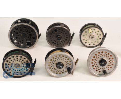 A collection of 5 fly reels, as follows: Shakespeare Condex salmon 4 1/4" wide spool reel, constant check, light use. Daiwa 2